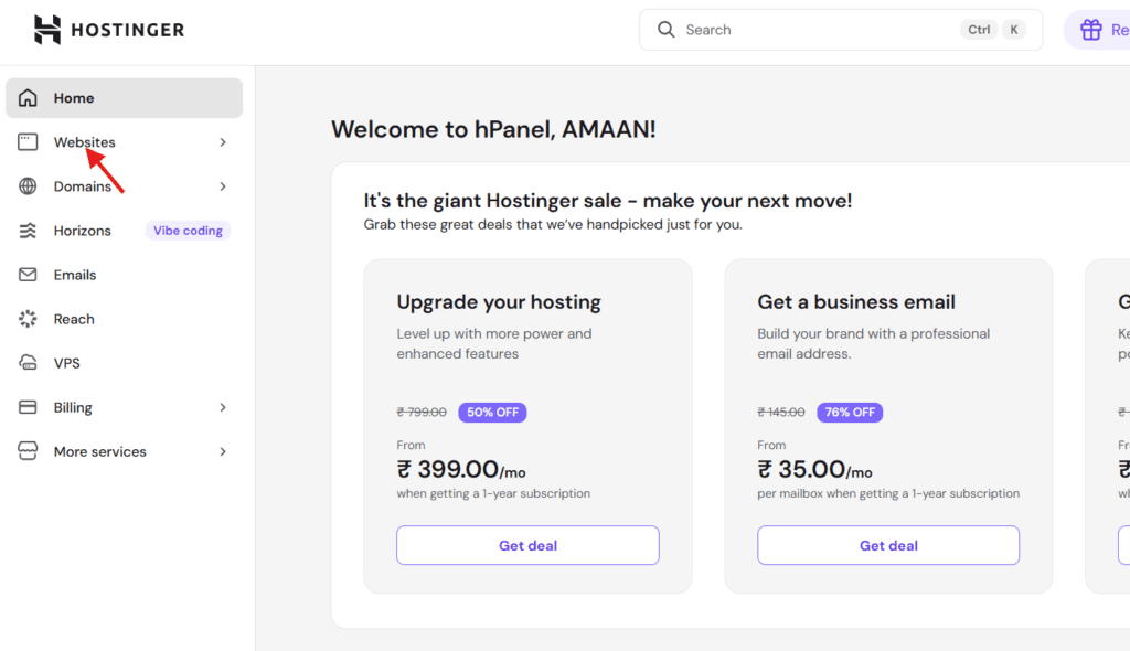 hostinger account home page