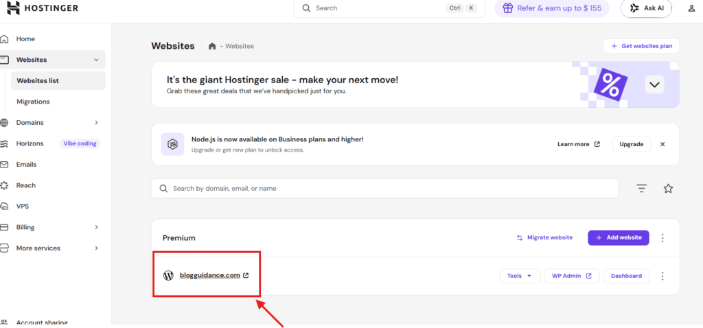 hostinger account website section