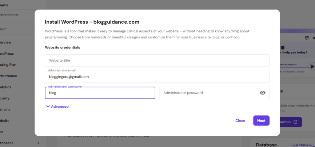 filling wordpress details to install it