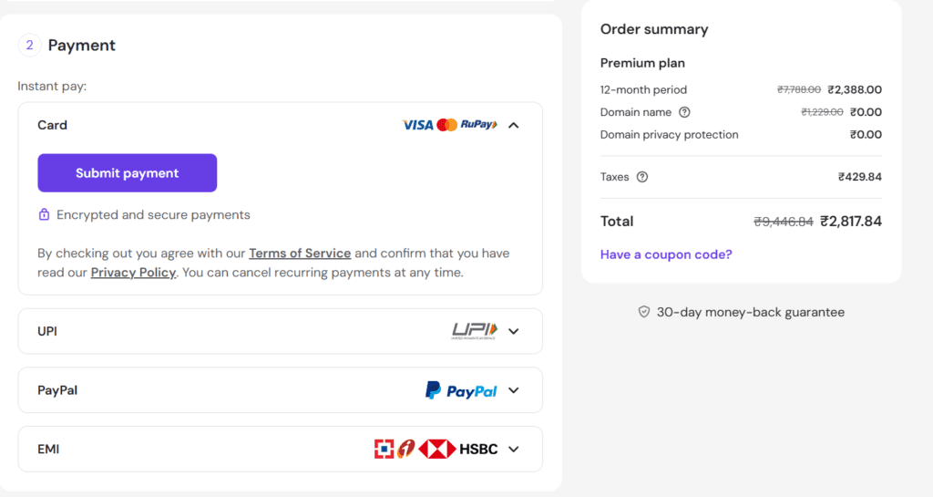 hostinger web hosting checkout payment page with card UPI PayPal options